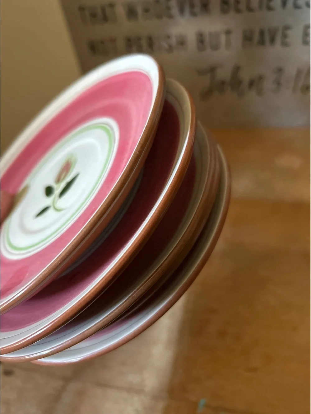 Farmers Pottery Wild Rose Pink and Green Saucer Plates Set of 4